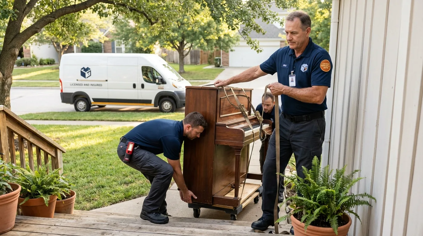 Licensed piano movers securing grand piano in Easton, ME