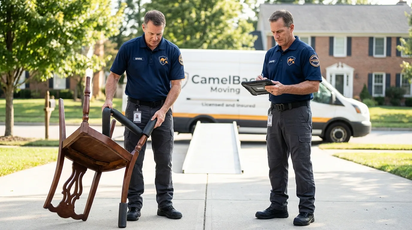 Movers inspecting furniture for damage prevention before loading in Easton, ME